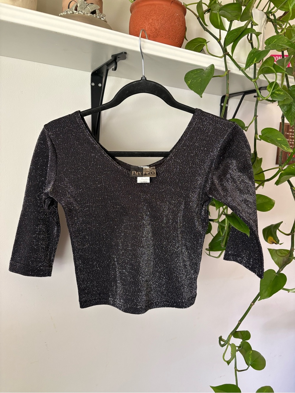 Black Sparkle V-Neck Crop Top